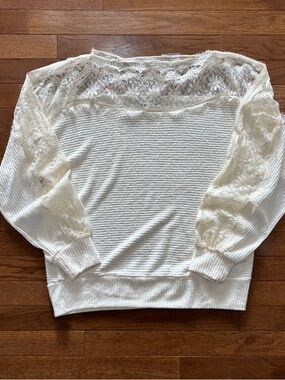 Francesca's Cream Cozy Knit Lace Crewneck Sweater
